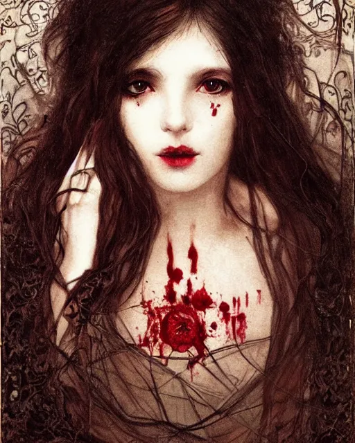 Image similar to a beautiful but sinister girl in layers of fear, with haunted eyes and tangled, dark hair, 1 9 7 0 s, seventies, delicate embellishments, a little blood, crimson, painterly, offset printing technique, by alexandre cabanel