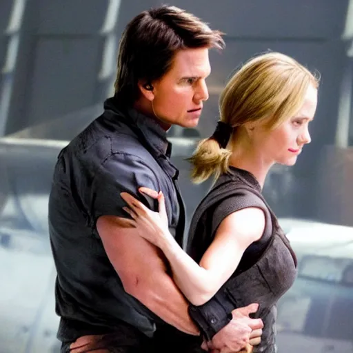 Image similar to emily blunt holding tom cruise's head, edge of tomorrow