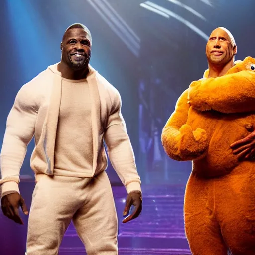 Image similar to Kevin Hart dressed in a bunny costume with Dwayne the Rock Johnson in a movie