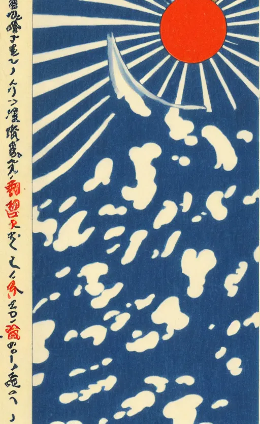 Prompt: by akio watanabe, manga art, the blue and white curtain of a japanese theatre, trading card front, sun in the background