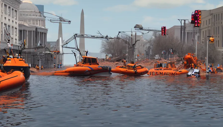 Prompt: lifeboat crossing washington dc streets after devastating tsunami, collapsed buildings in the water, rescuing people, sunny day, hyperdetailed, artstation, cgsociety, 8 k