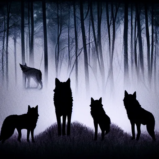 Image similar to silhouette art of wolves in a forest, good proportions, stunning, sunset, intricate, 4 k wallpaper, trending on artstation gradient black to purple