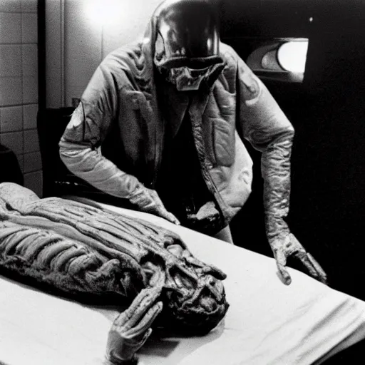 Image similar to photo of alien autopsy done by Ronald Reagan on the recovered Roswell aliens , psychedelic