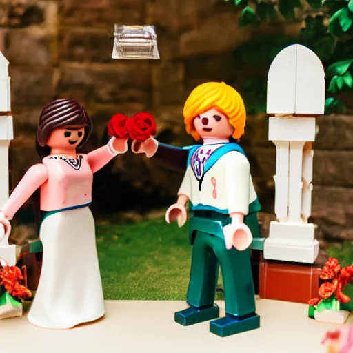 Prompt: A playmobil figurine bride and a lego figurine groom in a wedding ceremony.