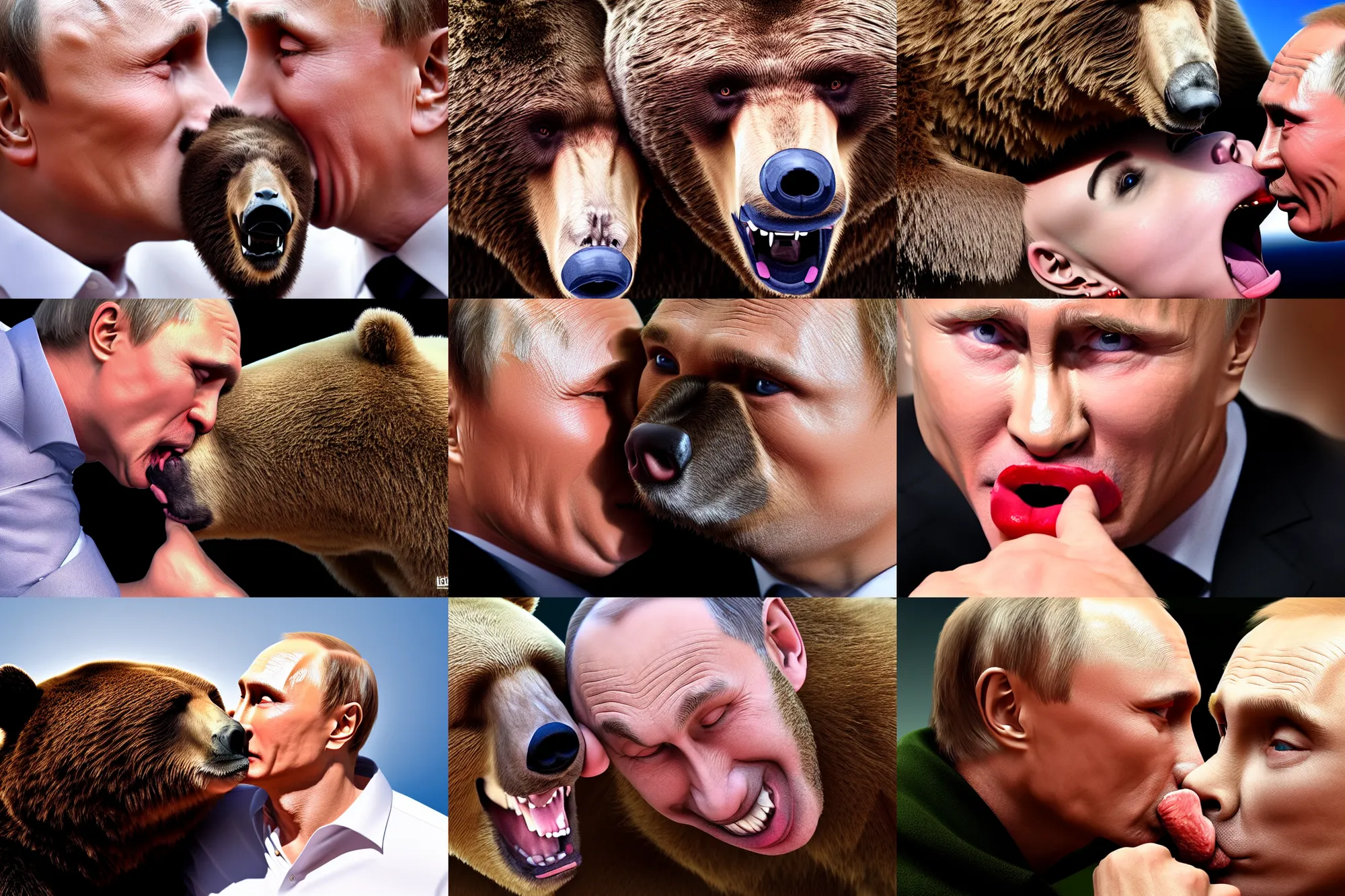 Prompt: vladimir putin kisses a bear, french kiss, lovely kiss, kiss mouth to mouth, love scene, insane details, clear face and eyes, textured, 8 k, professional photography