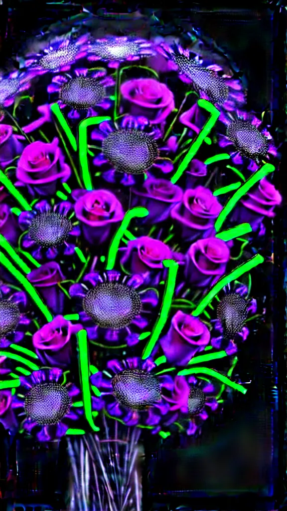 Image similar to chrome metal and neon lights hyperrealistic photorealistic cybergothic hologram of a bouquet of flowers occult esoteric sharpened intricate photorealistic photograph centered subject on black background