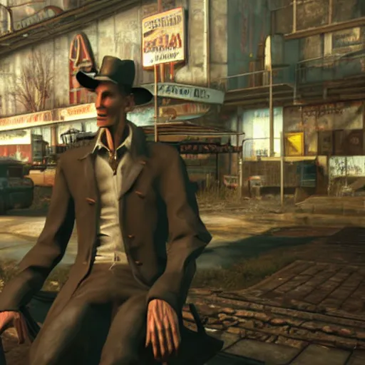 Prompt: nick valentine is sitting in a shopping cart, realism, stylization for fallout 4