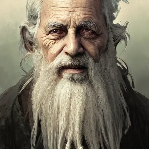 Prompt: Portrait of elderly wizard with white curling beard wearing tattered robes, waist high, intricate, wild, highly detailed, digital painting, artstation, concept art, smooth, sharp focus, illustration, art by artgerm and greg rutkowski and alphonse mucha