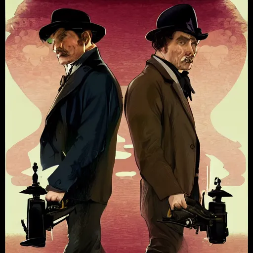 Image similar to [UHD Sherlock Holmes and Watson as GTA characters, correct faces, intricate, elegant, graphic detail, digital painting, trending on artstation, concept art, tonalism, sharp focus, illustration, art by Miguel Vasquez and Greg Rutkowski and Alphonse Mucha]