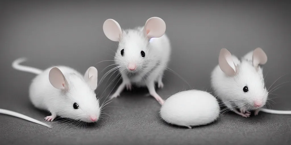 Prompt: a beautiful studio photo of exactly two!!! mice; 90mm; f/1.4; black and white