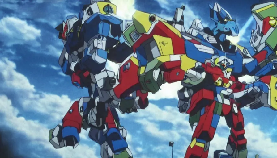 Image similar to full - color cinematic movie still from a live - action voltron action film directed by michael bay. the scene features the robotic lions from voltron fighting against ugly kaiju monster robeasts on the planet arus. realistic movie of golion. highly - detailed ; photorealistic ; epic.