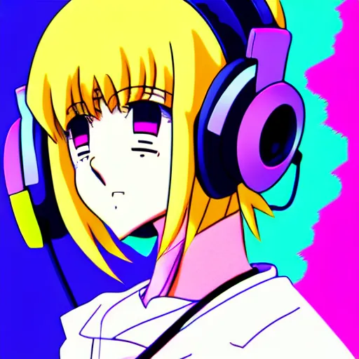 Image similar to An anime character's head wearing retro headphones. 90s anime, Sailor Moon, Neon Genesis, official art, flat cell shading, fantastic screenshot art, trending on artstation, muted nostalgic colors