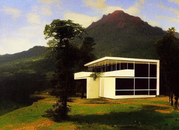 Image similar to painting of a mies van der rohe house in front of beautiful mountains by albert bierstadt