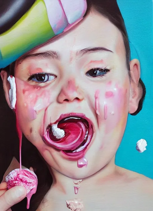 Prompt: portrait of a girl, icecream dripping down her, oil comes out of her mouth, hyper-realistic, high-tech