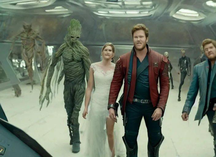 Prompt: film still of Star-Lord getting married in the new Guardians of the Galaxy movie, 4k