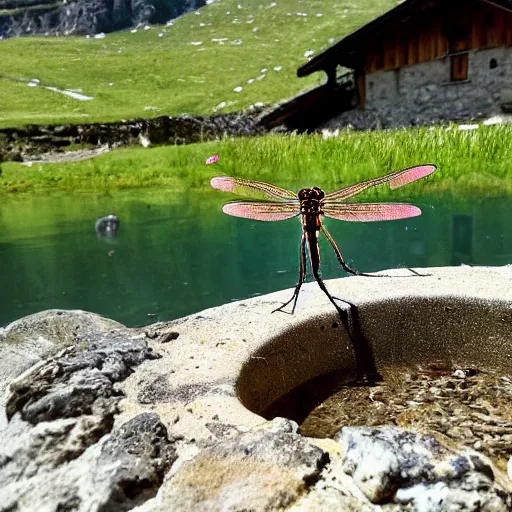 Image similar to dragonfly in a bathtub in the alps, herd of goats!!!! in background