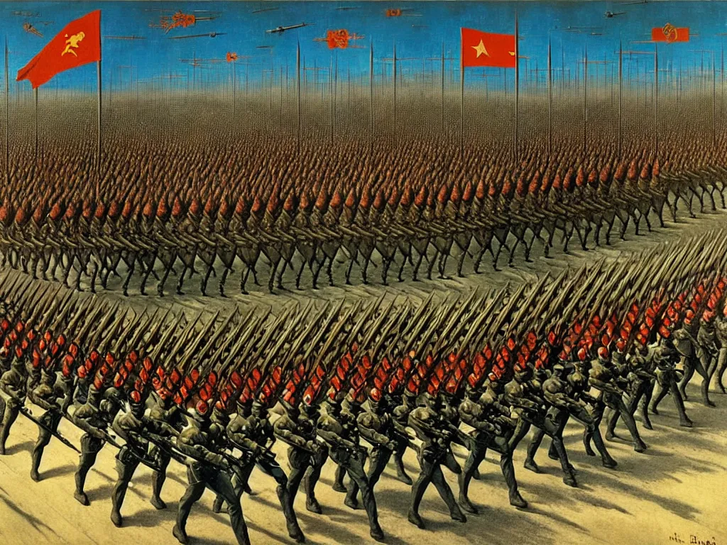 Image similar to armies marching into battle, futuristic alternate timeline, communist hordes, art by max ernst