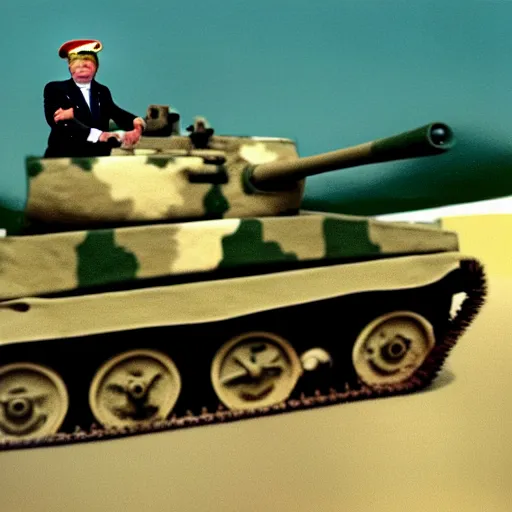 Image similar to donald trump as a soldier in vietnam, riding tank, kodak, film still, blue tint