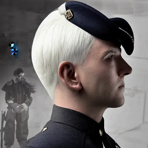 Prompt: Shadow Monster Military Officer White Hair
