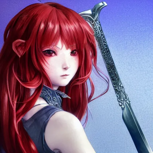 Image similar to a red haired female knight with a holy sword as an absurdly beautiful, elegant, sensual anime girl, blue background, ultrafine hyperrealistic detailed face illustration by kim jung gi, irakli nadar, intricate linework, sharp focus, bright colors, matte, octopath traveler, final fantasy, unreal engine highly rendered, global illumination, radiant light, intricate environment