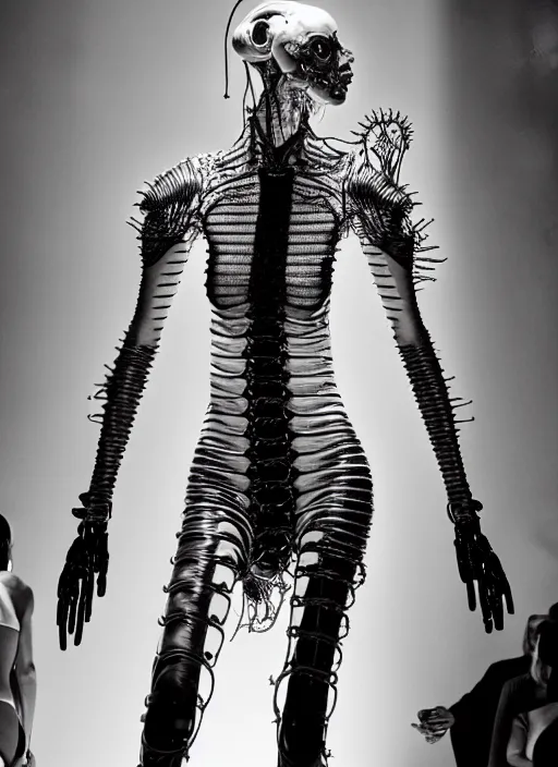 Image similar to walking down the catwalk, steven klein, show, stage, vogue photo, podium, fashion show photo, historical baroque dress, iris van herpen, beautiful woman, full body shot, masterpiece, inflateble shapes, alien, plant predator, guyver, jellyfish, wires, veins, white biomechanical details, wearing epic bionic cyborg implants, highly detailed