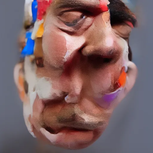 Prompt: Nigel Farage as a ventroquial figure, hinged jaw, wires, lacquered, glossy, cracked varnish