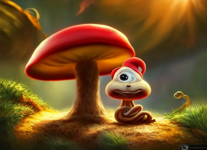 Image similar to a cute dr seuss creature sitting next to a mushroom, golden hour, fantasy, sharp focus, digital art, hyper realistic, 4 k, unreal engine, highly detailed, hd, dramatic lighting by brom, trending on artstation