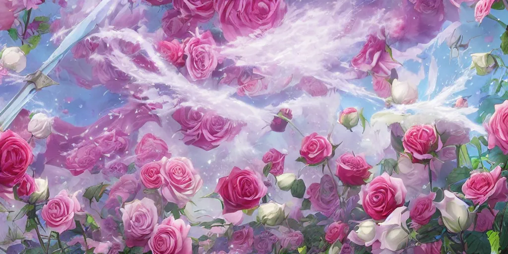 Prompt: background art of magic invisible blade slicing through a bouquet of white and pink roses, flowers exploding and spraying and splattering, big puffy clouds, exploding roses, large rose petals, lotus petals, large polygonal background elements, large polygons, studio ghibli anime, radiant lighting, artgerm, manga, trending on artstation, art nouveau, mature colors