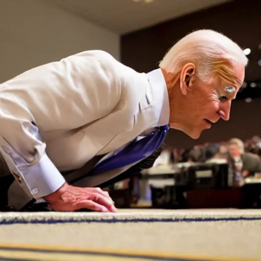 Image similar to Joe Biden on all fours, looking for his contact lenses. Realistic photo.