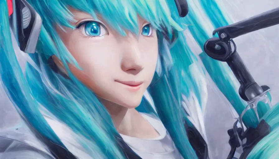 Image similar to hatsune miku, creativity, oil painting by jama jurabaev, extremely detailed, brush hard, artstation, for aaa game, high quality, brush stroke