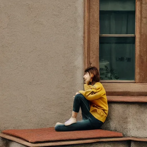 Image similar to a woman sitting on a window sill looking forward out the window, hands on cheeks, grey sweater, a stock photo by chen jiru, tumblr, aestheticism, movie still, pretty, pixiv