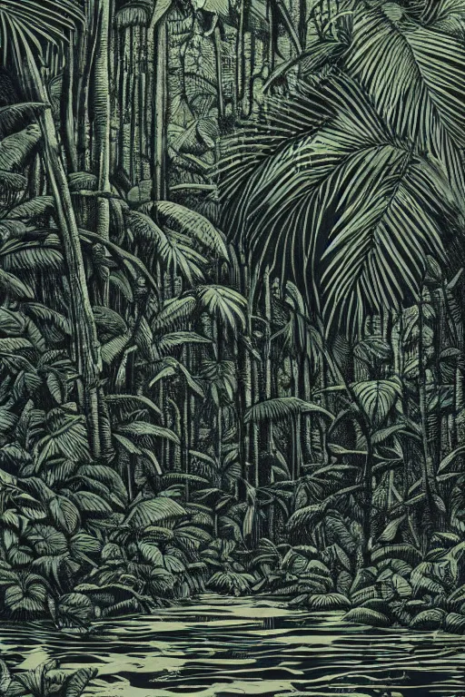 Image similar to an award winning woodcut print of a jungle in costa rica, 8 k, frostbite 3 engine, cryengine, dof, trending on artstation, digital art, crepuscular ray, art by roy l davies and tugboat printshop