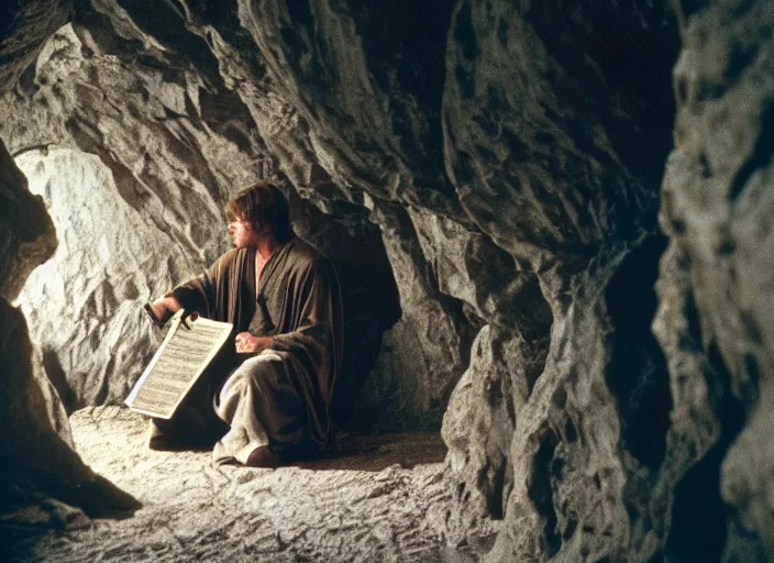 Prompt: detailed photo of Luke skywalker finding the ancient jedi texts in an strange hazy cave. 1985 film, Photographed with Leica Summilux-M 24 mm lens, ISO 100, f/8, Portra 400