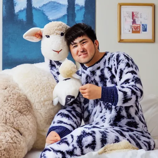 Prompt: Wakan Tanka from Tokyo Afterschool summoners wearing sheep patterned pajamas while snuggling with a sheep plushie, 4k, very detailed, painting