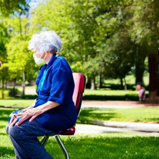 Prompt: an older woman sitting in a park using an oxygen concentrator, 4 k,