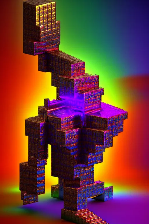 Image similar to concept art of fractal colorful bismuth metal giant golem : : shiny rainbow bismuth fractalization patterns : : extremely high details, masterpiece, photorealistic, hyperrealism, vray, octane render, volumetric lighting, depth of field, bokeh, artstation, cgsociety by elyse graham, johannen voss, greg broadmore