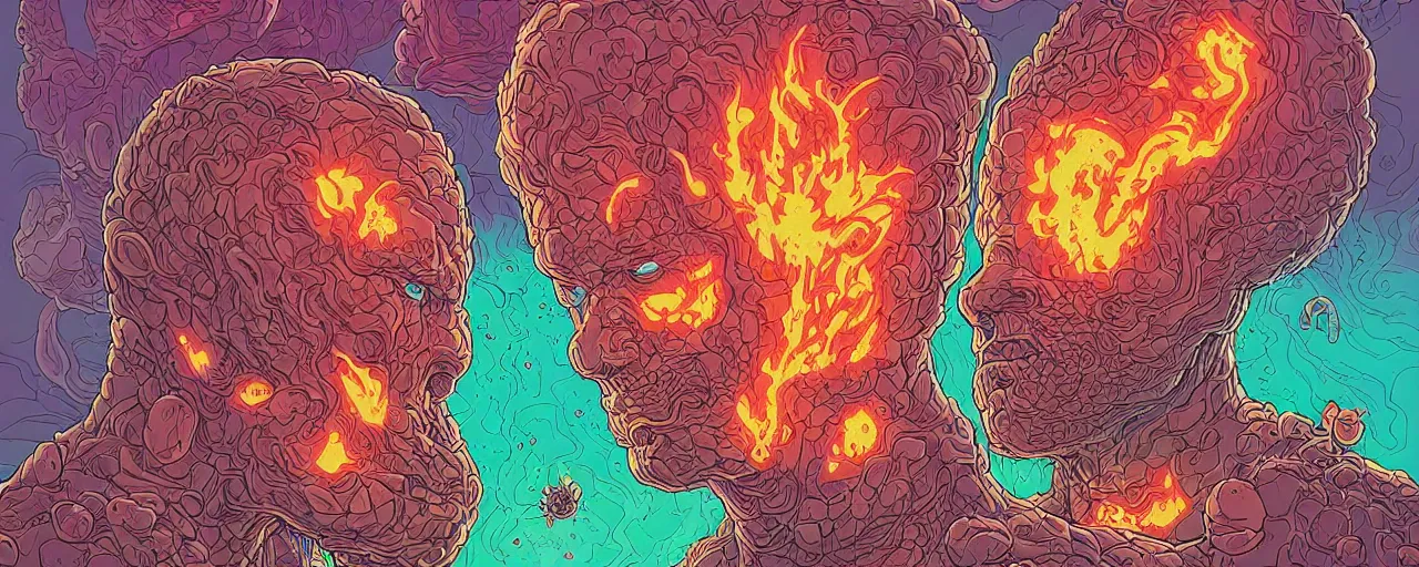 Image similar to portrait of head melting into another one, lava, by josan gonzales and Dan Mumford