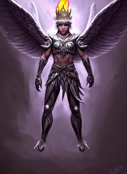 Image similar to aggressive winged androgenous queer silver elf with fire crown, d & d, muscular! crossfit, fitness, tech suit, tight wrinkled cloath, vivid color scheme, atmospheric perspective, fantasy, intricate, elegant, highly detailed, digital painting, artstation, concept art, smooth, sharp focus, illustration, art by craig davison and jesper ejsing