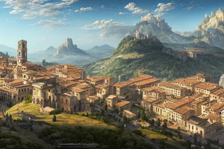 Image similar to an ultra detailed matte landscape painting of an italian renaissance capital city built on top of a large hill sweeping vista, italian renaissance architecture, ultrawide lense, aerial photography, 8 k, volumetric lighting, smooth, highly detailed, digital illustration, art by greg rutkowski and akira toriyama and artgerm