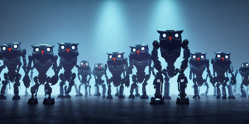 Image similar to an army of evil, malevolent, robot mechincal owls surrounded by computers and computer screens. this 4 k hd image is trending on artstation, featured on behance, well - rendered, extra crisp, features intricate detail and the style of unreal engine. volumetric lighting