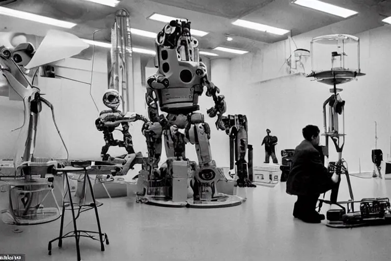 Prompt: a futuristic film studio with robot technicians preparing a scene by Stanley kubrick, sci-fi, reimagined by industrial light and magic