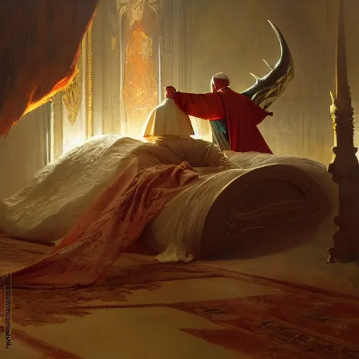 Image similar to the pope is in his bed, scared, because a horned demon is attacking the pope. highly detailed painting by gaston bussiere, greg rutkowski, craig mullins 8 k