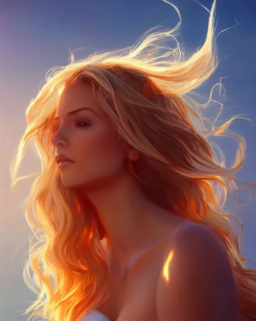 Image similar to summer vibes, beautiful sun tanned goddess, flowy golden hair, sun, summer, cinematic lighting, highly detailed, digital painting, trending on artstation, pixiv, concept art, sharp focus, illustration, art by ross tran and wlop