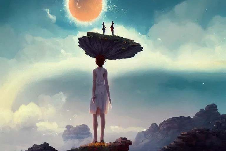 Image similar to giant white daisy flower under the head, girl standing on cliff, surreal photography, solar eclipse, milky way, dramatic light, impressionist painting, clouds, digital painting, artstation, james gilleard, liam wong, jeremy mann, simon stalenhag