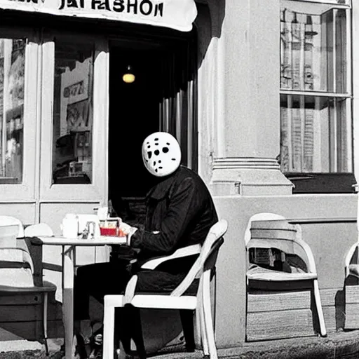 Prompt: photograph of jason voorhees having a coffee at an european caffé, light and cheerful photograph, nostalgic look