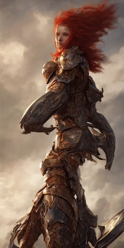 Prompt: Redhead female fantasy armored warrior, 4k oil on linen by wlop, artgerm, andrei riabovitchev, nuri iyem, james gurney, james jean, greg rutkowski, highly detailed, soft lighting 8k resolution