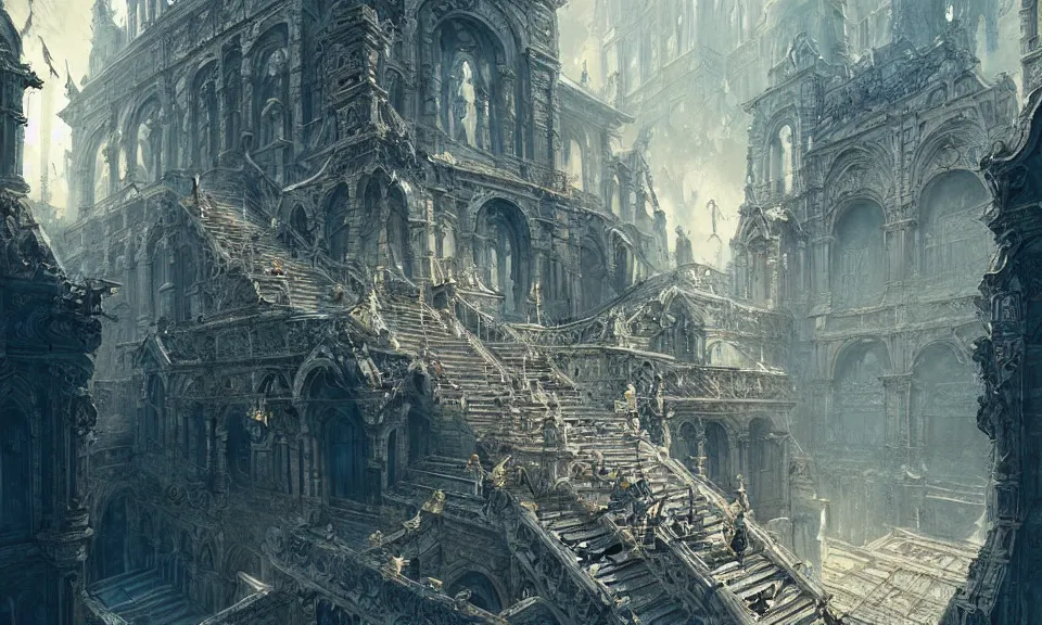 Image similar to stairs from hell to heaven, intricate detail, intricate, epic, vast, digital painting by greg rutkowski, artstation, very detailed, cinematic lighting, concept art