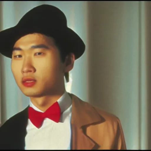 Prompt: a film still of a asian young man wearing a red blouse with a black oval hat in Twin Peaks(1990)