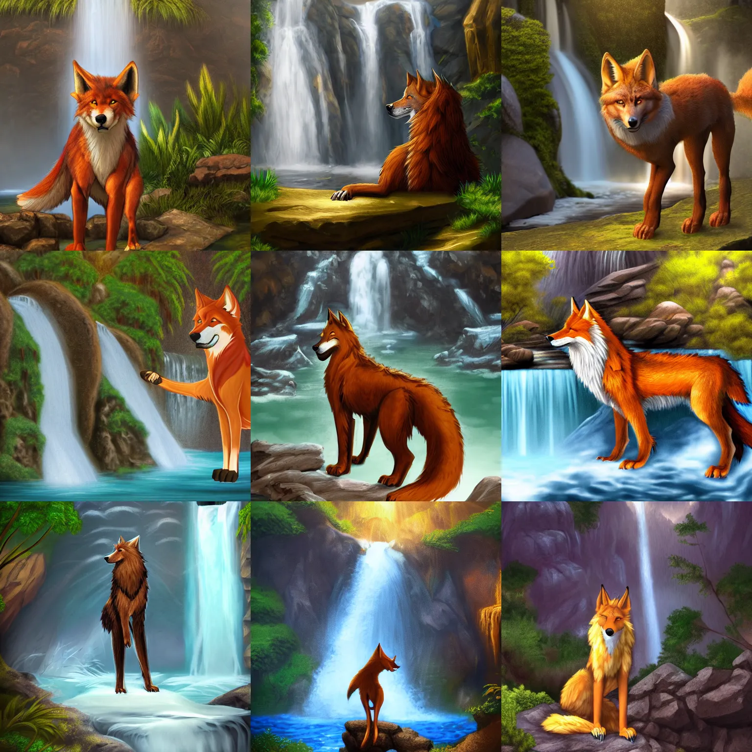 Prompt: fantasy art of a noble anthro werefox standing in front of a waterfall, photorealistic, FurAffinity