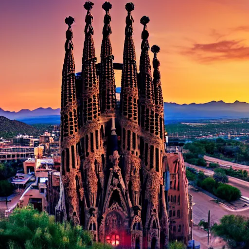 Image similar to time magazine photo, la sagrada familia in a beautiful scenic epic desert, surreal, epic composition, rule of thirds, 4 k wallpaper, golden hour, dramatic lighting,